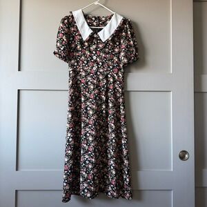 Peter Pan Collar Floral Midi Dress Womens Small Black Puff Sleeve Coquette Retro